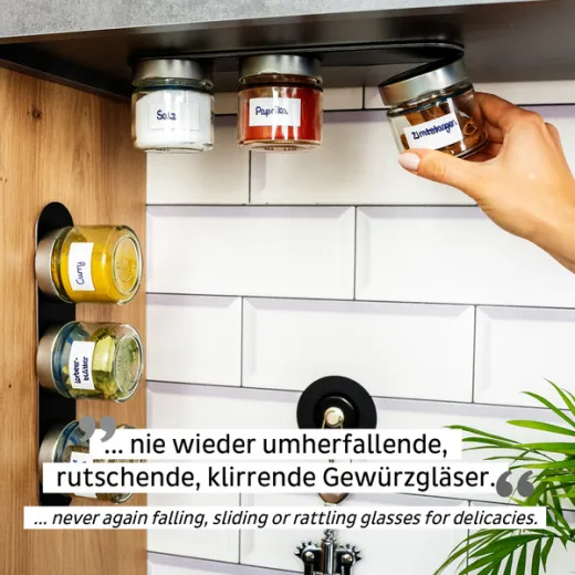 3 x Feinkost-Magnetgläser CLASSIC (je 125 ml) + 1 x Metall-Leiste 25 cm BLACK