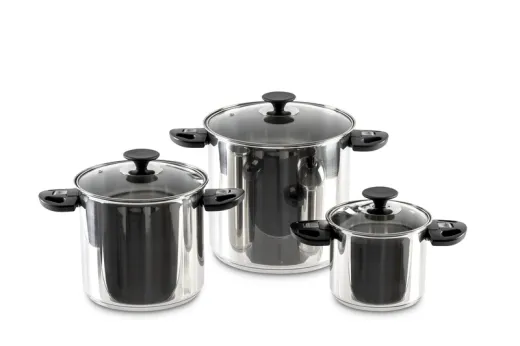 Camp4 Edelstahl Topfset 6-teilig - Mit abklappbaren Griffen und Glasdeckel