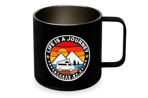 Edelstahl Tasse mit Henkel LIFE IS A JOURNEY, schwarz, 350ml