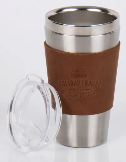 Edelstahl Vacuumbecher HOLIDAY TRAVEL 450ml, mit Ledermanschette