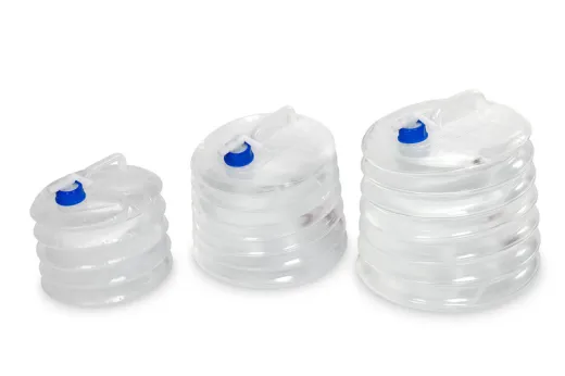 Faltbarer 5 Liter Wasserkanister 24x15cm,transparent, Deckel blau+Hahn