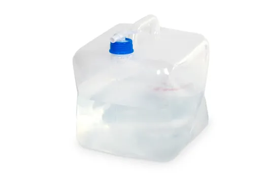 Faltkanister 10L,transparent, 22x22x22cm+5cm Griff/Hahn, Deckel blau