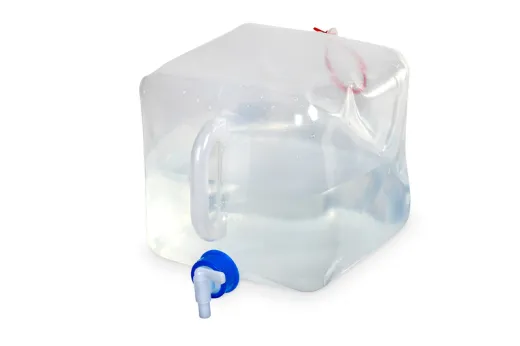 Faltkanister 10L,transparent, 22x22x22cm+5cm Griff/Hahn, Deckel blau