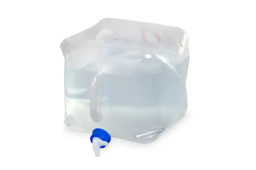 Faltkanister 15L,transparent, 25x25x25cm+4cm Griff/Hahn, Deckel blau