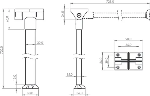 Gelenktischfuß silber, Gelenk oben, 720mm