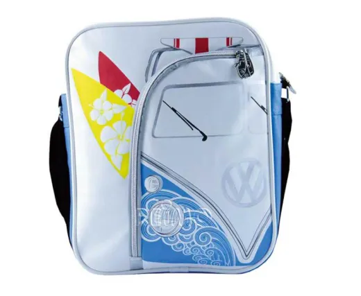 Sportliche Schultertasche im Hochformat mit buntem VW Bulli Print