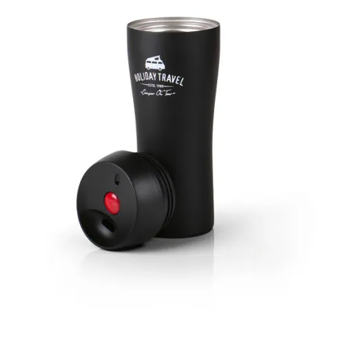 Thermo-Kaffeebecher aus Edelstahl 400ml. Hält Getränke für 4-6Stunden warm und läßt sich einfach mit einer Hand per Knopfdruck öffnen und schließen.