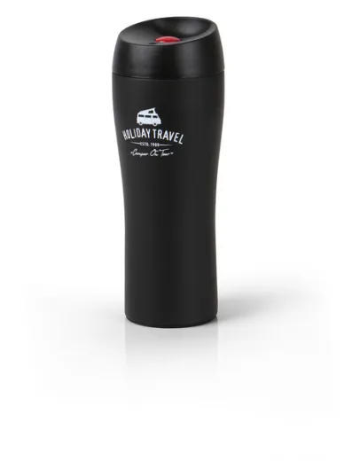 Thermo-Kaffeebecher aus Edelstahl 400ml. Hält Getränke für 4-6Stunden warm und läßt sich einfach mit einer Hand per Knopfdruck öffnen und schließen.
