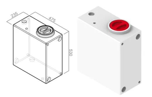 Universalwassertank 52l, weißer Tank, roter Deckel H530xB475xT235
