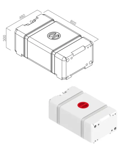 Universalwassertank100l, weißer Tank, roter Deckel H300xB480xT800
