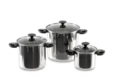 Camp4 Edelstahl Topfset 6-teilig - Mit abklappbaren Griffen und Glasdeckel