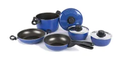 Camping-Kochgeschirr Alu, 9-teilig, blau/schwarz, mit Antihaftbeschichtung